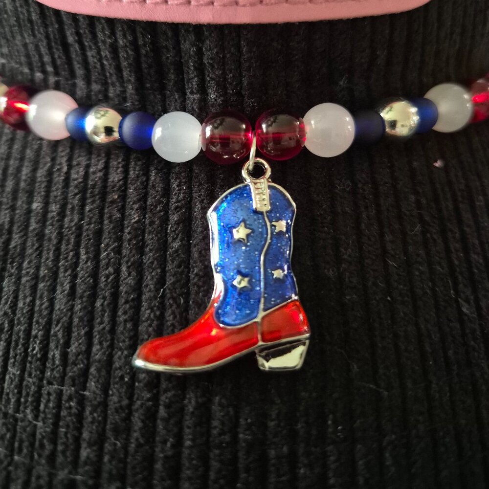 Americana Western Hat Band Beaded Red White Blue with Boot Pendant